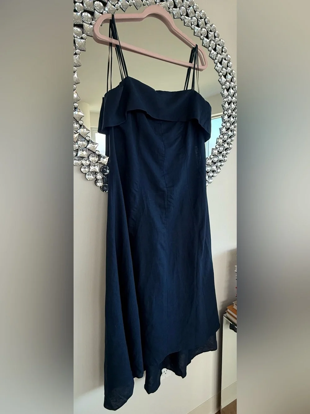 Linen Navy Spaghetti-Strap Midi Dress